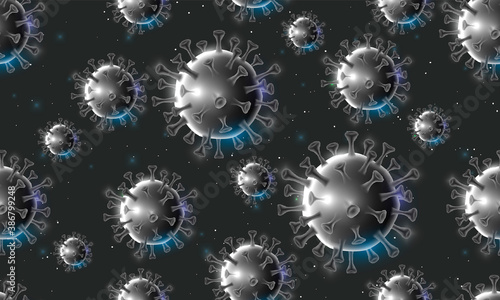 Design of a coronavirus outbreak with a viral cell in microscopic form. Illustration template on the topic of a dangerous SARS epidemic for an advertising banner or leaflet.