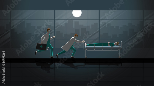 Enthusiastic concept. Two doctors run and push sick patient sleep on bed in hospital ward at night. Rush hour medical emergency case in dark and full moon light. Career of work hard alltime overwork.