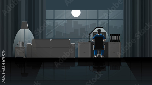 A man working from home on desktop computer in house workplace. Alone in the dark and full moon light. Lonely people in city. Lifestyle of work hard overtime and overwork. Back view idea concept scene