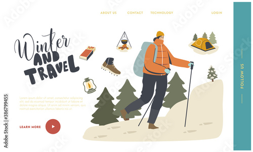 Winter Hiking Landing Page Template. Backpacker Female Character in Warm Clothes with Scandinavian Sticks Walk on Nature