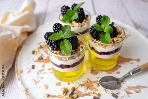 Dessert Parfait glass cup, with lemon jello, yogurt and fresh blackberries. 