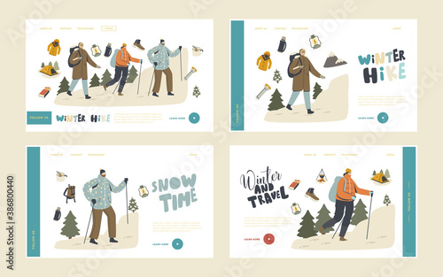 Winter Hiking Landing Page Template Set. Backpackers Climb on Rock with Scandinavian Sticks. Men, Travelers Adventure
