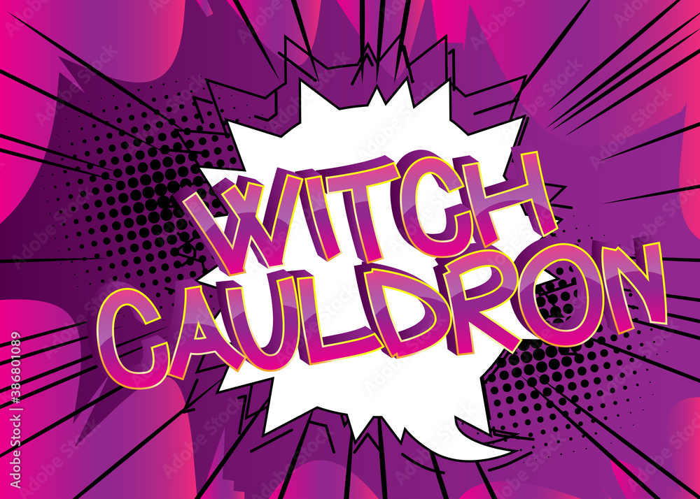 Witch Cauldron Comic book style cartoon words on abstract colorful comics background.