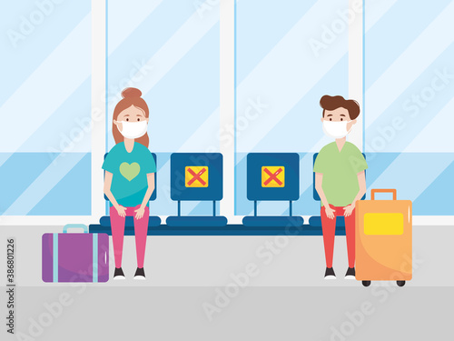 airport new normal, passengers with mask and keep social distance