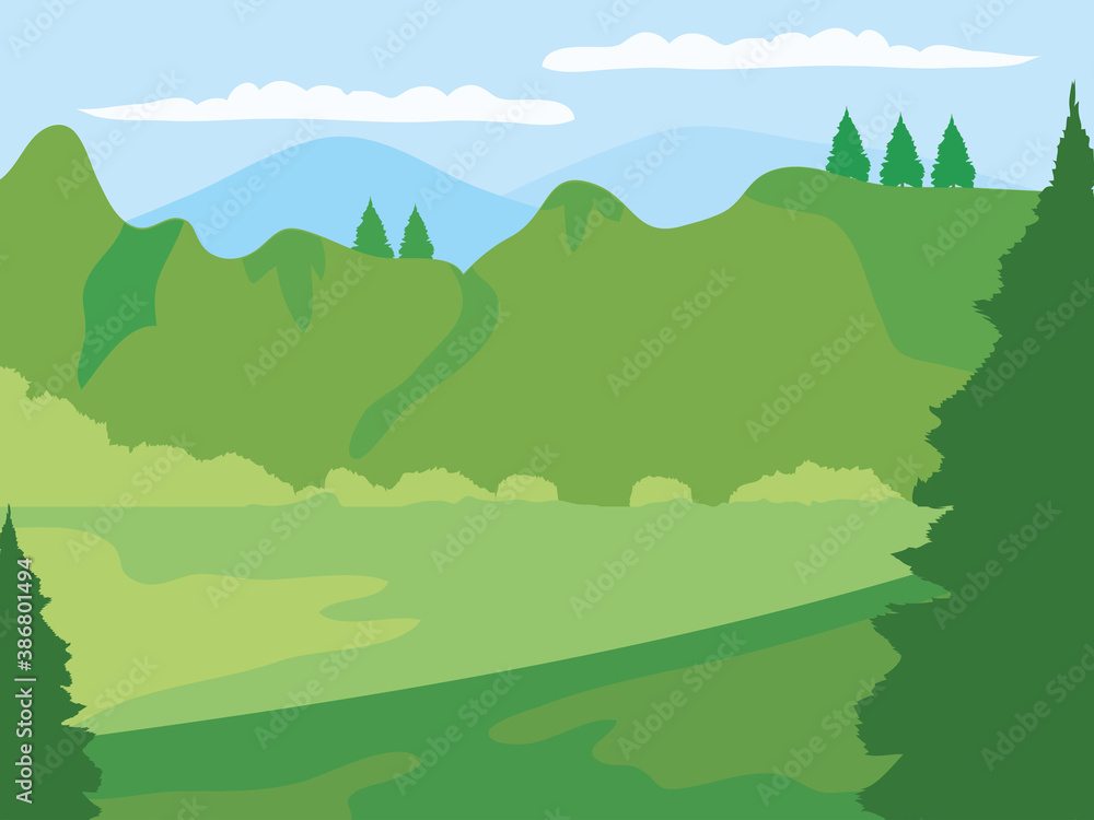 nature landscape with green grass, mountains, pine trees and clouds, colorful design