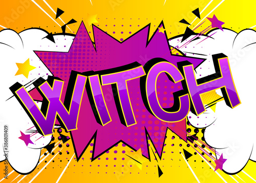 Witch Comic book style cartoon words on abstract colorful comics background.