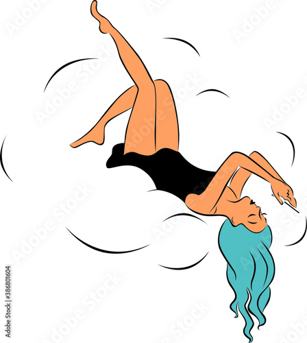 Vector illustration. A girl flies up on a cloud and writes a message on her phone