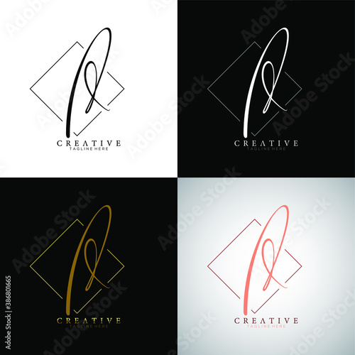 Set Elegant Letter A D Black, White, Gold and Terracotta Handwriting Signature Logo Design Template with Rhombus Line Background