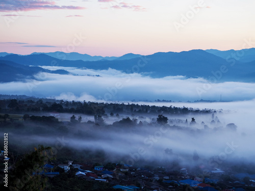 Foggy mountain background in the morning