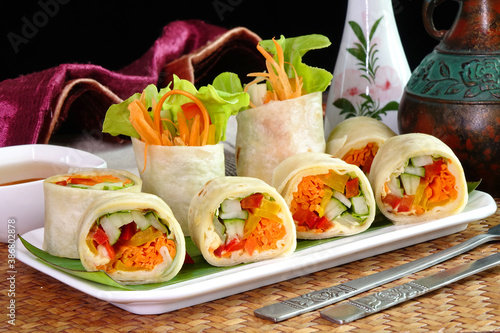 Vegetarian food : Hummus and vegetable wrapped with Tortillas. Tortillas-Hummus Fresh spring rolls.