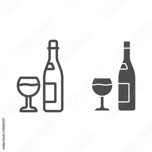 Bottle and glass of wine line and solid icon, Wine festival concept, Alcoholic drink for celebration sign on white background, Bottle of wine and wineglass icon in outline style. Vector graphics.