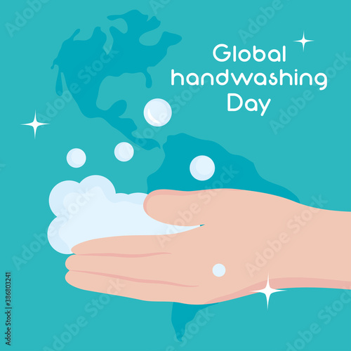 global handwashing day, awareness card hand with foam and map background