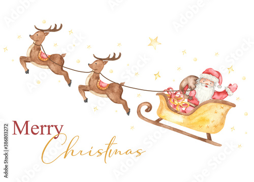 Santa claus in reindeer sleigh with stars i wish you a merry christmas poster watercolor card