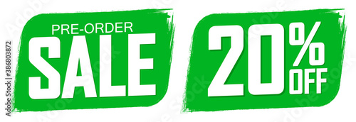 Pre-Order Sale banners design template, 20% off, discount tags, vector illustration