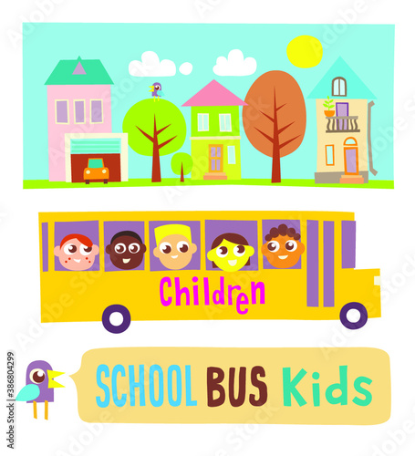 Fototapeta Naklejka Na Ścianę i Meble -  School bus and town city street background, isolated vector illustration. Design for web and mobile app.