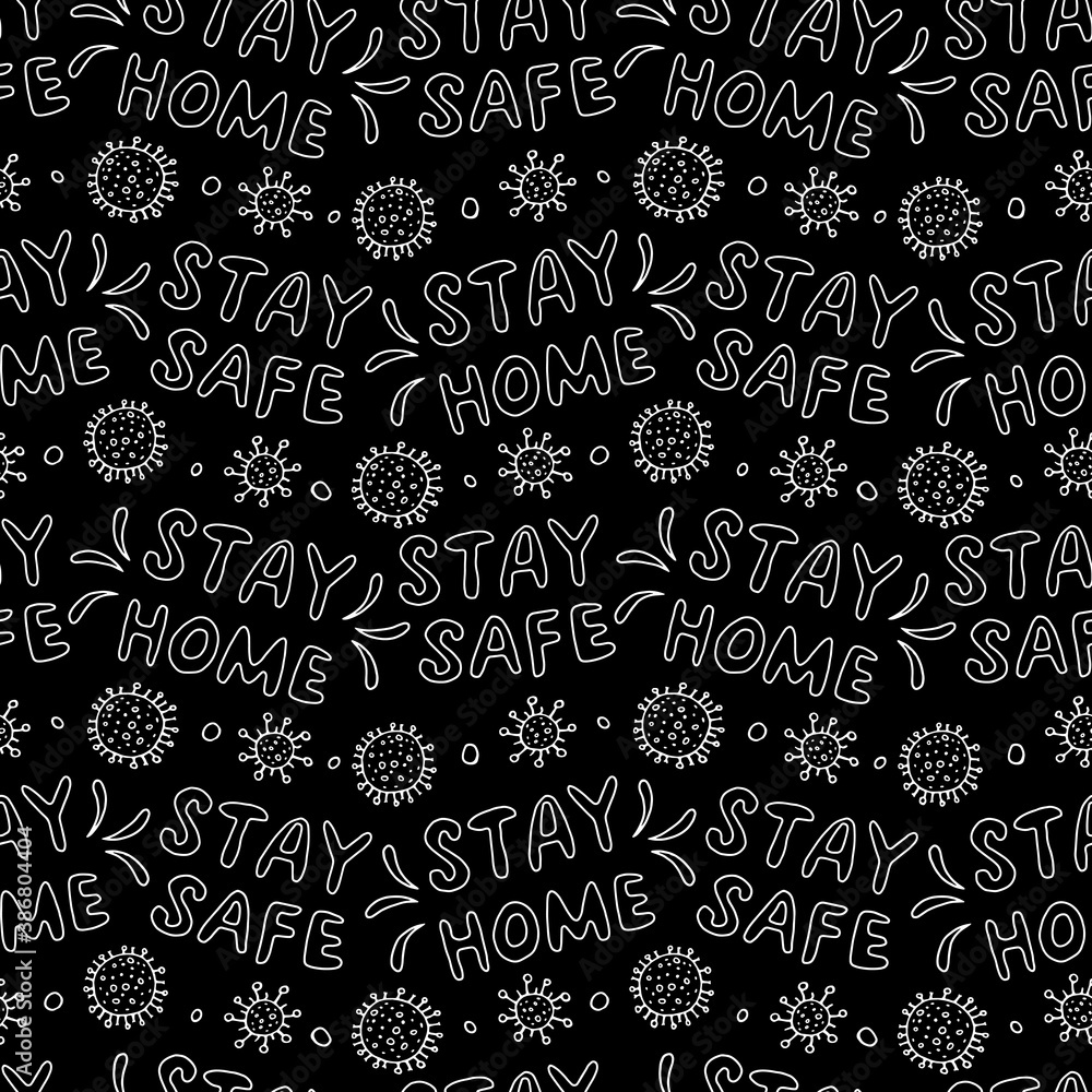Vector seamless pattern with lettering - Stay home, Stay safe - and illustration of molecules, cells of virus. Theme of quarantine, self protection, isolation times and spread of coronavirus Vector seamless pattern with lettering - Stay home, Stay safe - and illustration of molecules, cells of virus. Theme of quarantine, self protection, isolation times and spread of coronavirus