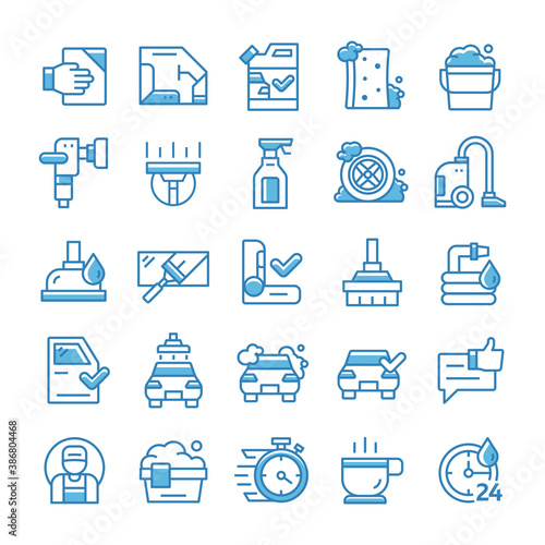Set of Carwash icons with blue style.