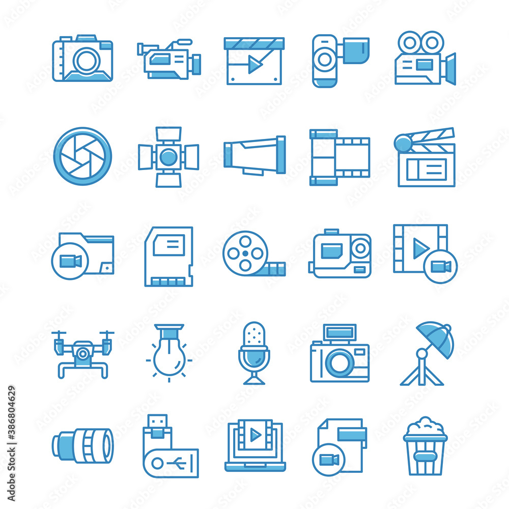 Set of Videography icons with blue style. Set of Videography icons with blue style.