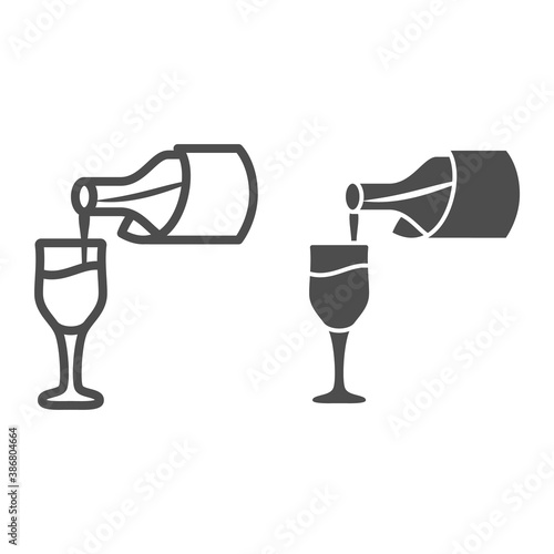 Wine pouring from bottle into glass line and solid icon, Wine festival concept, Bottle and glass sign on white background, tasting wine icon in outline style for mobile, web design. Vector graphics.