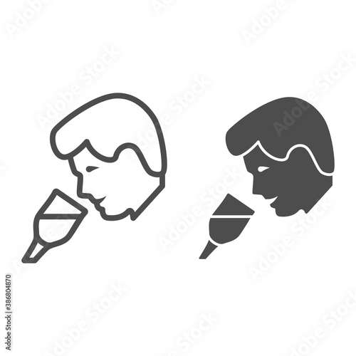 Person taste wine line and solid icon, Wine festival concept, man smelling liquid in glass sign on white background, Man drinks wine from glass icon in outline style for mobile. Vector graphics.