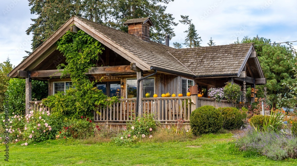 Wooden rustic building with pumpkin decoration for Thanksgiving Wooden rustic building with pumpkin decoration for Thanksgiving