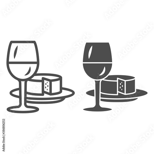 Glass of wine and piece of cheese line and solid icon, Wine festival concept, drink and snack sign on white background, wineglass with cheese slice icon in outline style. Vector graphics.
