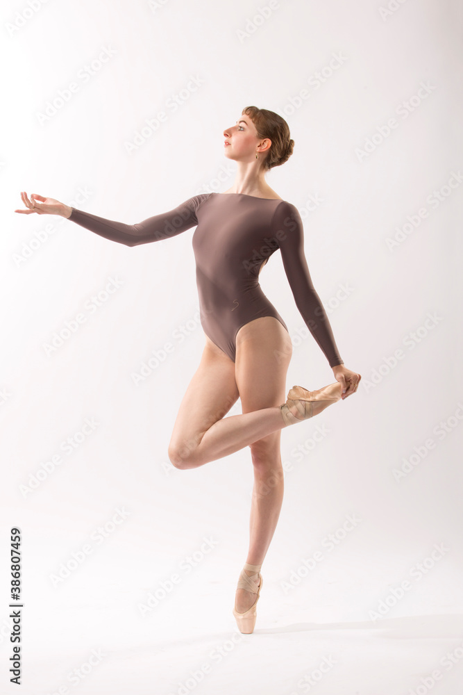 Obraz premium Young woman ballet dancer on pointe in the studio.