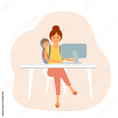 Busy mom carry her baby while working with computer. Single mom taking care of her daughter alone. Single parent family.
