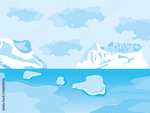 arctic landscape with icebergs and blocks floating, colorful design