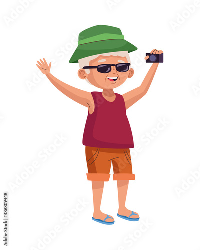 old man eldery tourist with camera photographic