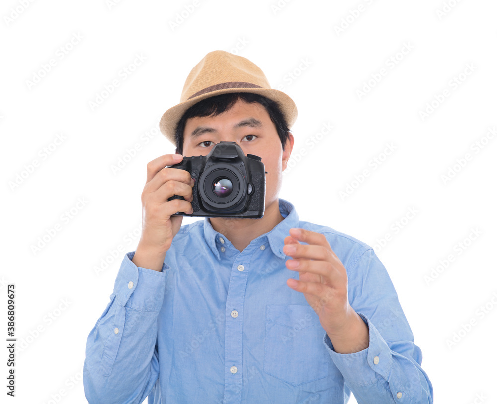Fashionably dressed male photographer gestures to the photographer Fashionably dressed male photographer gestures to the photographer