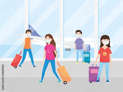 airport new normal, people wearing face mask and keep distancing