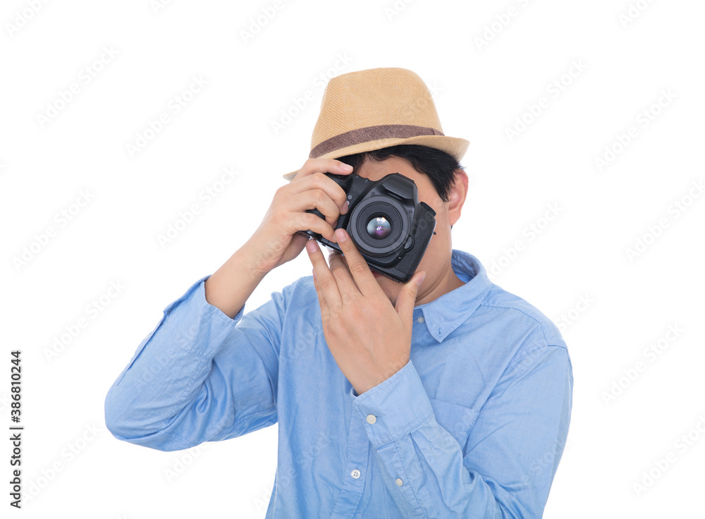 Creative male photographer in front of white background Creative male photographer in front of white background