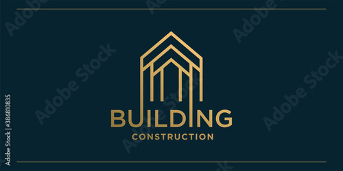 Building logo with modern golden line art style and business card design template, Premium Vector