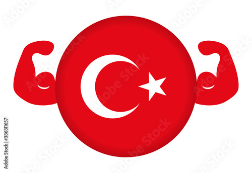 強いトルコのイメージイラスト（円形のトルコ国旗と力こぶ）