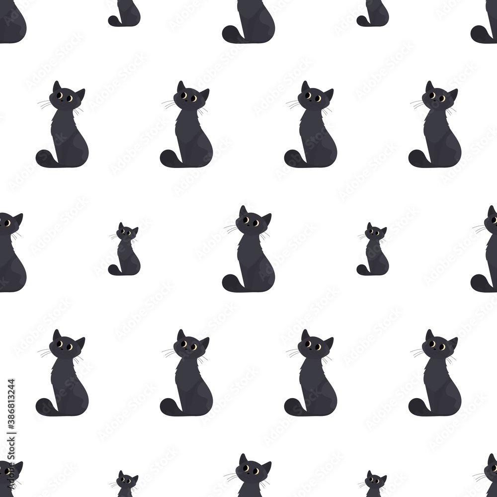 Seamless pattern with a black cat. Suitable for backgrounds, postcards, and wrapping paper. Vector.