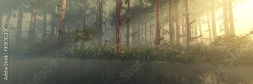 Sun rays through the trees, morning in the fog over the river, forest in the fog over the water, 3d rendering