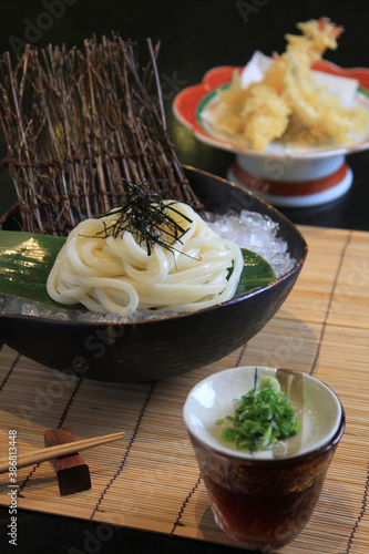 Japanese u-dong noodles. Saru U-don. photo