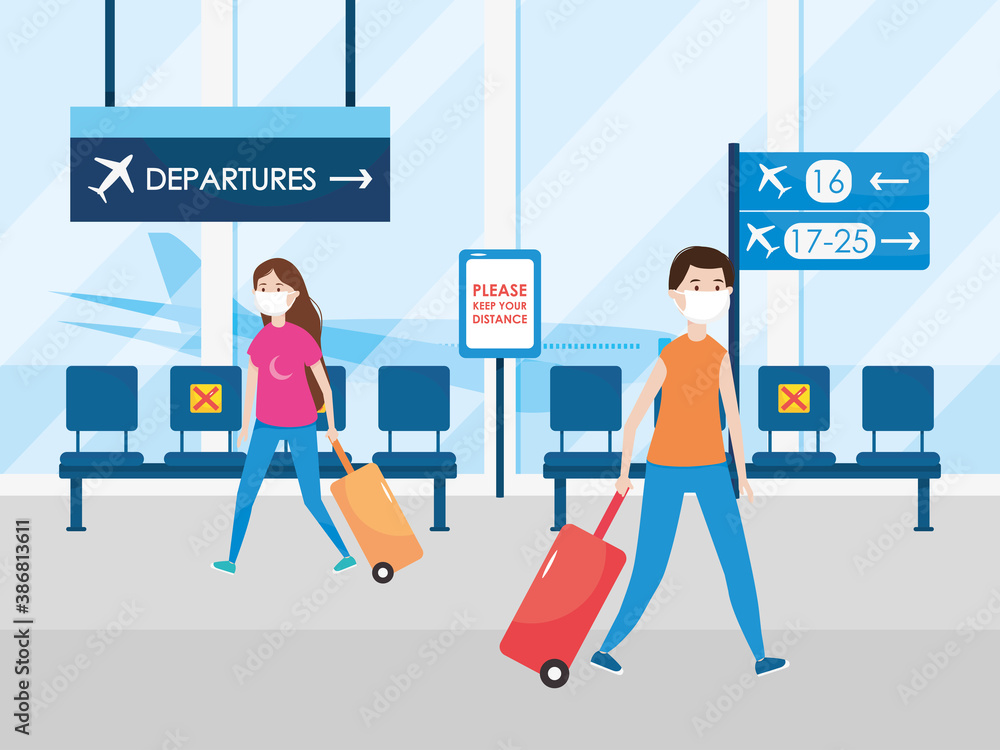 airport new normal, passengers with masks and suitcase keep physical distance airport new normal, passengers with masks and suitcase keep physical distance