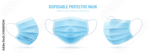 3d realistic vector disposable protective mask. Blue surgical, medical respiratory face mask isolated on white. Coronavirus protection, anti-dust, anti-bacteria, anti-exhaust gas. Front, three