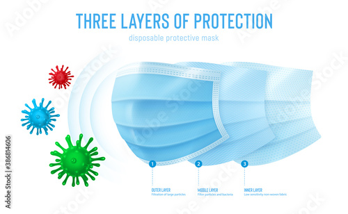 3d realistic vector disposable protective mask. Blue surgical, medical respiratory face mask isolated on white. Coronavirus protection, anti-dust, anti-bacteria, anti-exhaust gas. Three layers of
