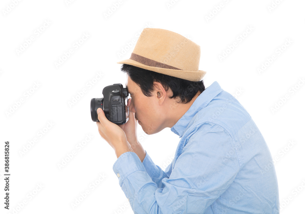 Working young photographer in front of white background Working young photographer in front of white background