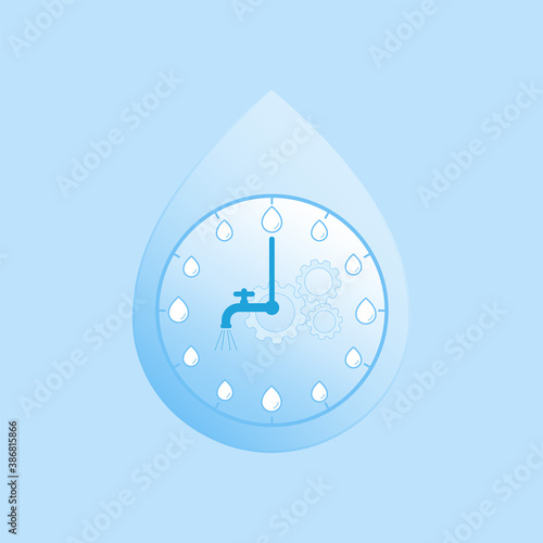 Clock with tap icon as hour hand in drop shape is a gimmick of importance of water to human life, we need it all time to survive. Water sustainability. Vector illustration outline flat design style.