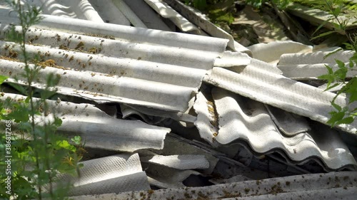 The white asbestos roof shingles on the ground