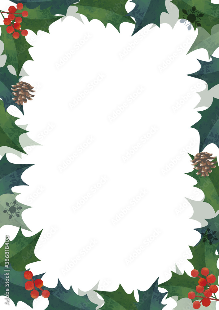 クリスマスフレーム 柊の飾り枠 囲み装飾 水彩イラスト ロゴ無し 縦長 A3 比率 Stock Vector Adobe Stock