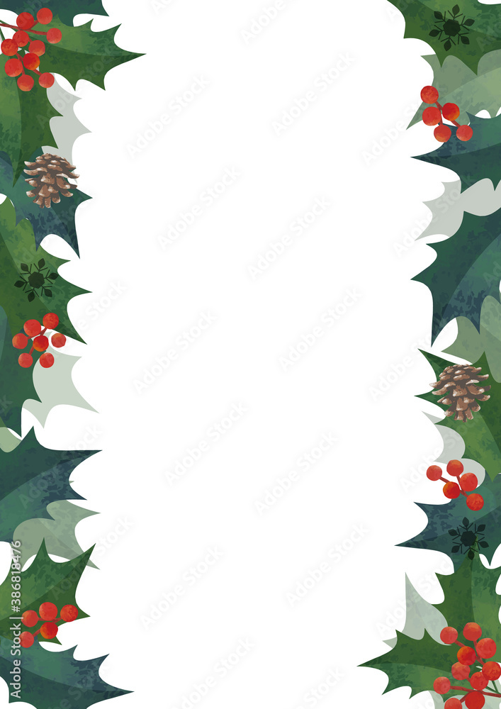 クリスマスフレーム 柊の飾り枠 左右に装飾 水彩イラスト ロゴ無し(縦長 A3・A4比率) クリスマスフレーム 柊の飾り枠 左右に装飾 水彩イラスト ロゴ無し(縦長 A3・A4比率)