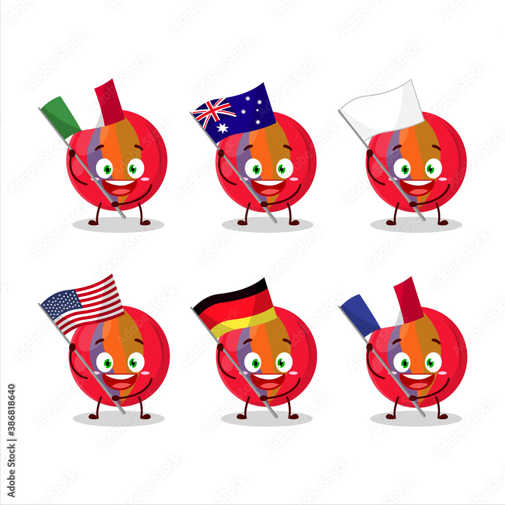 Red marbles cartoon character bring the flags of various countries Red marbles cartoon character bring the flags of various countries