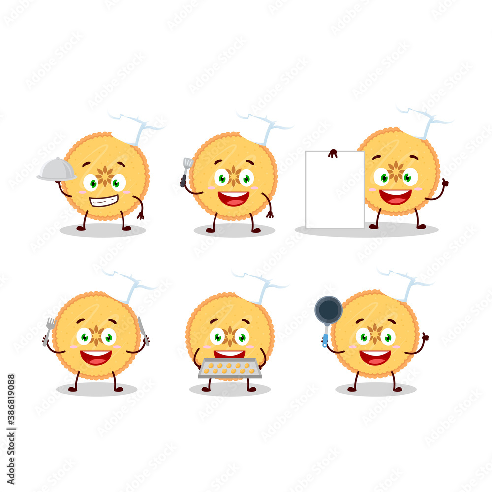 Cartoon character of savory pie with various chef emoticons Cartoon character of savory pie with various chef emoticons