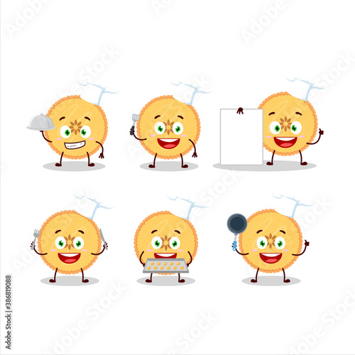 Cartoon character of savory pie with various chef emoticons