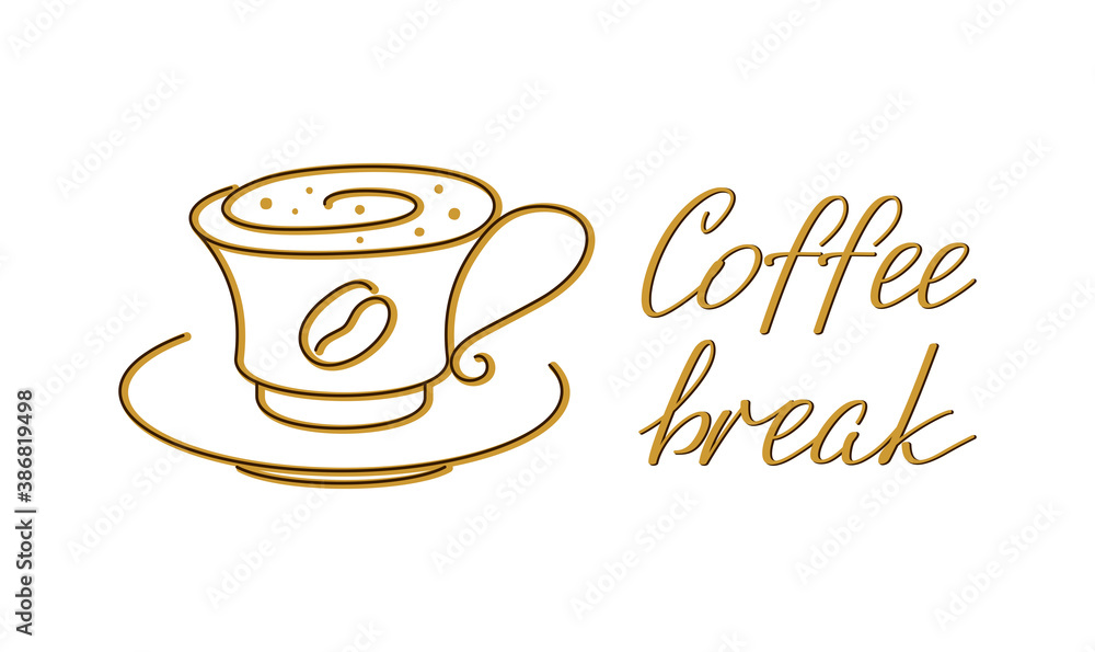 Coffee cup with saucer and coffee break hand lettering on a white background. Vector Icon, logo for coffee house, coffee shop, cafe, restaurant, cafeteria, packaging, wrapper, menu, label or signboard Coffee cup with saucer and coffee break hand lettering on a white background. Vector Icon, logo for coffee house, coffee shop, cafe, restaurant, cafeteria, packaging, wrapper, menu, label or signboard